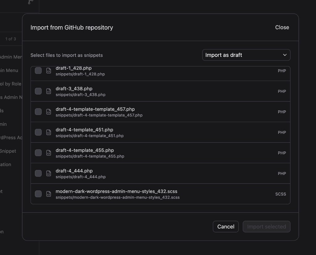 GitHub sync import flow in SnipVault